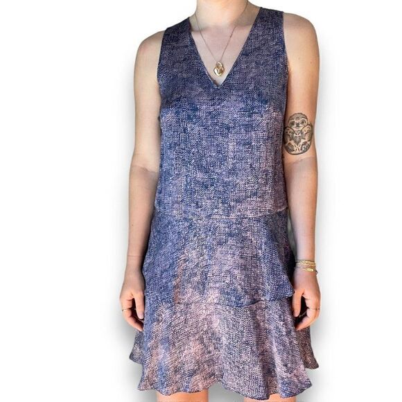 NWOT Rebecca Taylor Womens Blue Purple Geometric Ruffle Silk Mini Dress Sz 6 - Picture 1 of 8